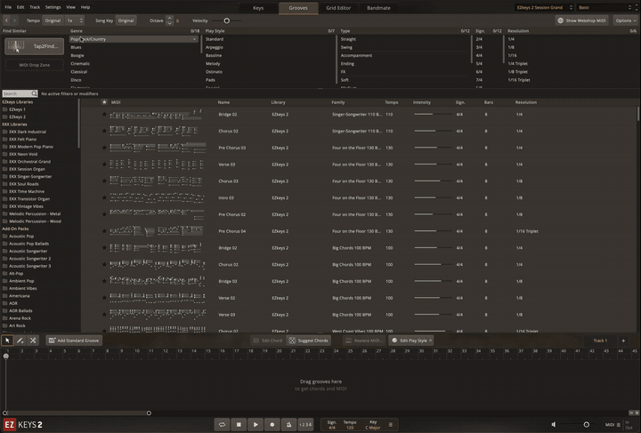 Screen recording of EZkeys 2 Tap2Find, where a rhythm is clicked in, matching grooves are listed by percentage and the top groove is placed on the Song Track