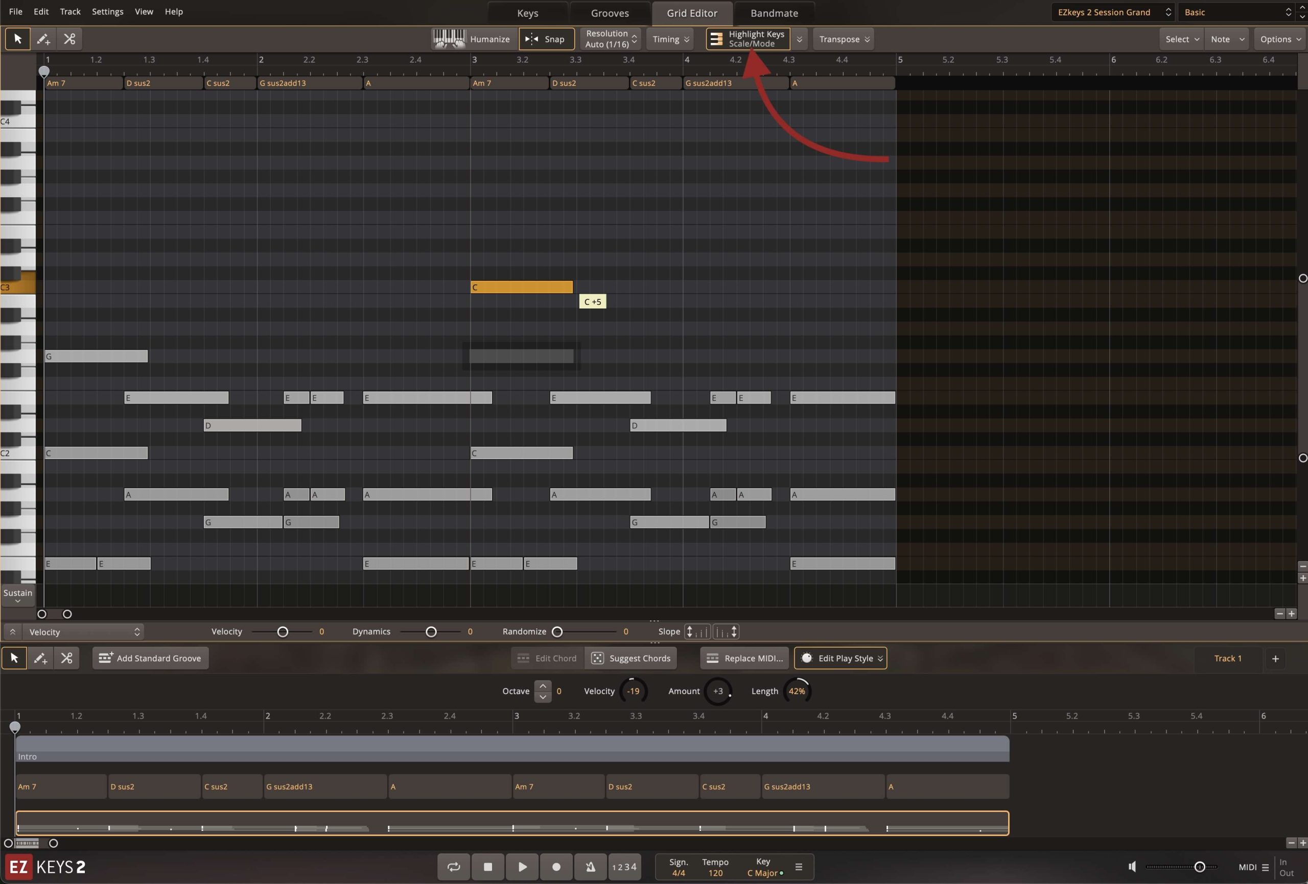 EZkeys 2 with the keys highlighted on the keyboard