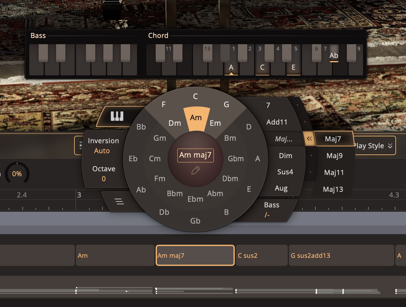 EZkeys 2 Chord Wheel changing the chord type and extension of a chord on the Song Track