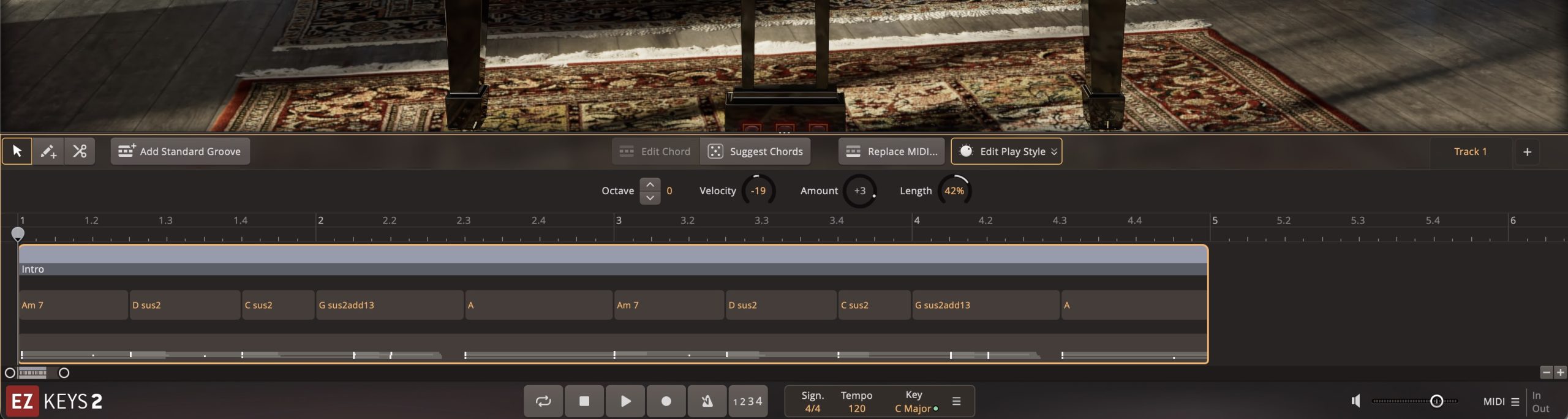 EZkeys 2 Edit Play Style panel showing the Octave, Velocity, Amount and Length controls